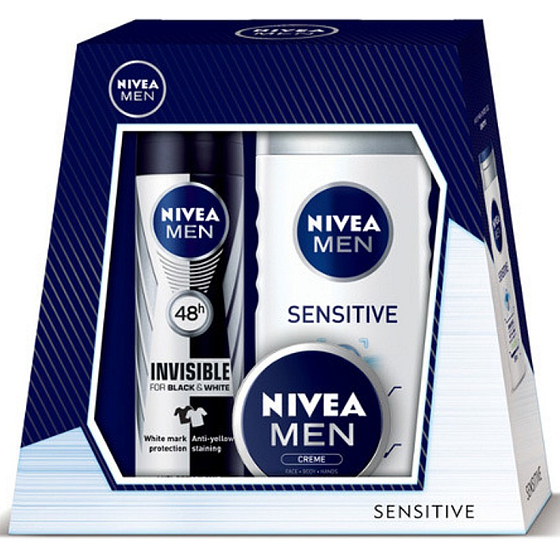 Nivea Men Univerzální krém pro muže 30 ml + Invisible Black & White Power antiperspirant sprej pro muže 150 ml + Sensitive sprchový gel 250 ml, kosmetická sada