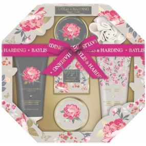 Baylis & Harding Růžová magnolie a Hruškový květ tekuté tělové mýdlo 130 ml + sprchový krém 130 ml + mýdlo 150 g + krystalky do koupele 100 g + tělové máslo 100 ml + masážní houbička, kosmetická sada osmihran