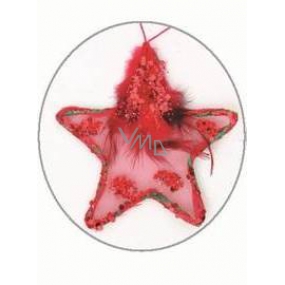 Hvězdička s peříčkem a flitry červená na zavěšení 11 cm