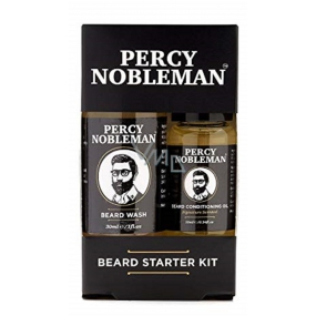 Percy Nobleman Šampón na vousy 30 ml + vyživující olejový kondicionér na vousy s vůní Percy Nobleman 10 ml, kosmetická sada pro muže, péče o vousy a knír