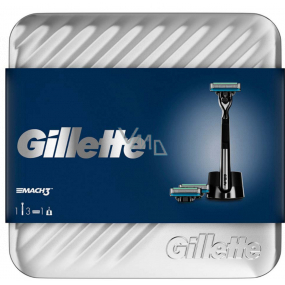Gillette Mach3 Chrome holicí strojek + náhradní hlavice 2 kusy + stojánek + plechový box, kosmetická sada, pro muže