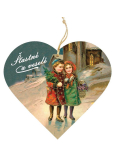 Bohemia Gifts Dřevěné dekorační srdce s potiskem Děti u kostela 12 cm