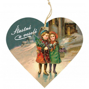 Bohemia Gifts Dřevěné dekorační srdce s potiskem Děti u kostela 12 cm