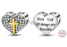 Charm Sterlingové stříbro 925 Náboženská kouzla Srdce, kříž, Bůh možností, korálek na náramek