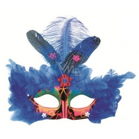 Škraboška plesová červená s modrým peřím 30 cm
