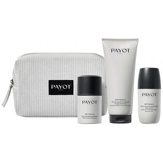 Payot Optimale Soin Hydratant Quotidien hydratační gelový krém 50 ml + Gel de Douche Intégral sprchový gel na tělo a vlasy 200 ml + Roll-on anti-transpirant 24H deodorant roll-on 75 ml + kosmetická taška, kosmetická sada pro muže 2023