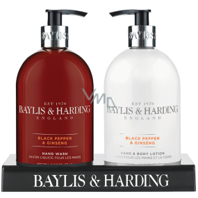 Baylis & Harding Men Černý pepř a Ženšen tekuté mýdlo 500 ml + mléko na ruce a tělo 500 ml, kosmetická sada pro muže