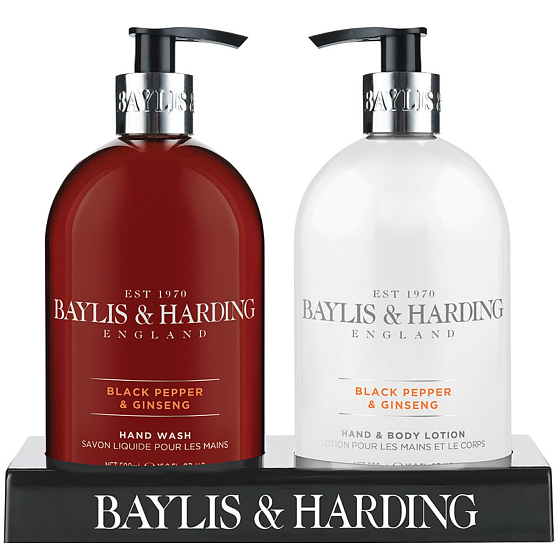 Baylis & Harding Men Černý pepř a Ženšen tekuté mýdlo 500 ml + mléko na ruce a tělo 500 ml, kosmetická sada pro muže