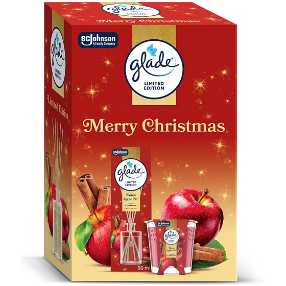 Glade Merry Christmas Warm Apple Pie jablko a skořice vonné tyčinky a vonná svíčka 50 ml + 112 g, dárková sada