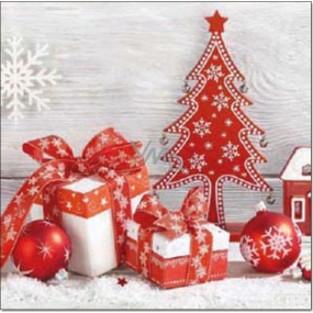 Aha Papírové ubrousky 3 vrstvé 33 x 33 cm 20 kusů Vánoční Červený stromek, mašle a ozdoby
