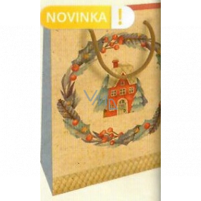 Nekupto Dárková kraftová taška 25 x 8 x 19 cm Vánoční domeček s věncem