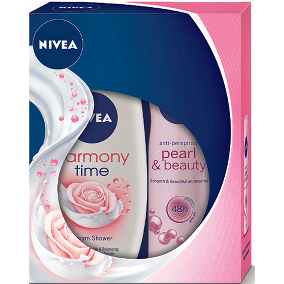 Nivea Pearl & Beauty antiperspirant sprej 150 ml + Harmony Time krémový sprchový gel 250 ml, pro ženy kosmetická sada