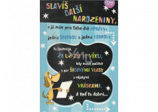 Albi Hrací přání do obálky K narozeninám Pes s transparentem Verona za všechno může čas 14,8 x 21 cm