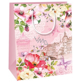 Ditipo Dárková papírová taška 18 x 10 x 22,7 cm růžová, květy