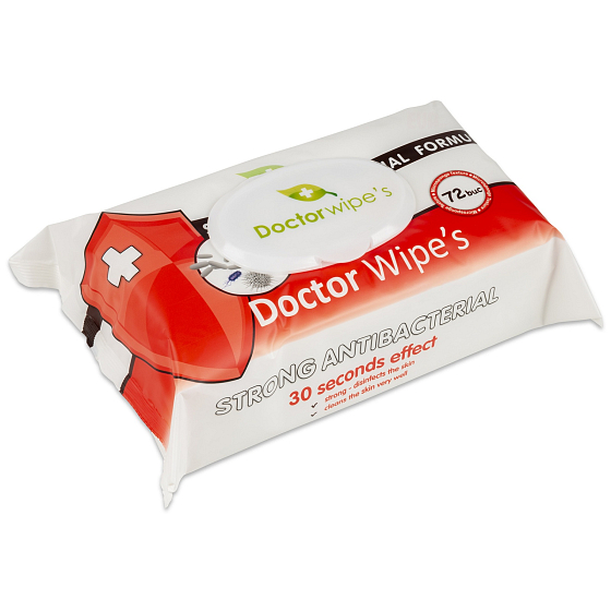 Doctor Wipes Antibacterial s obsahem chlorexidinu vlhčené antibakteriální ubrousky s klipem 72 kusů