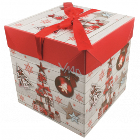 Dárková krabička skládací s mašlí Vánoční s dárky a ozdobami 21,5 x 21,5 x 21,5 cm