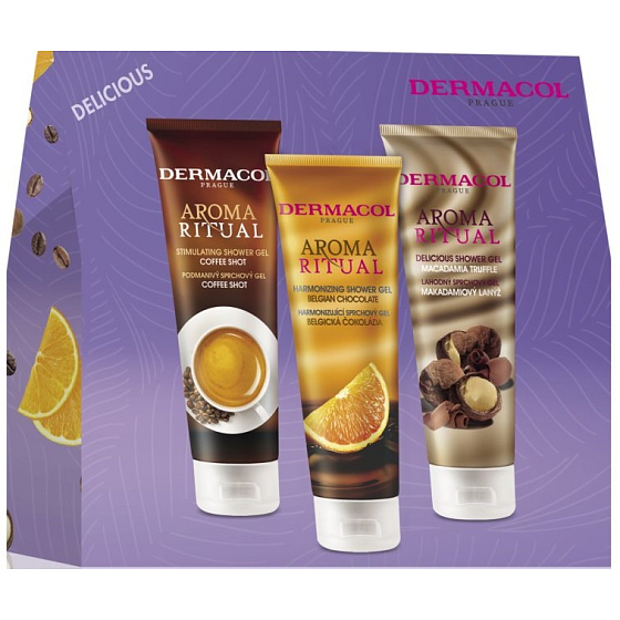 Dermacol Aroma Ritual Coffee Shot krémový sprchový gel 250 ml + Belgická čokoláda harmonizující sprchový gel 250 ml + Makadamiový lanýž lahodný sprchový gel 250 ml, kosmetická sada pro ženy