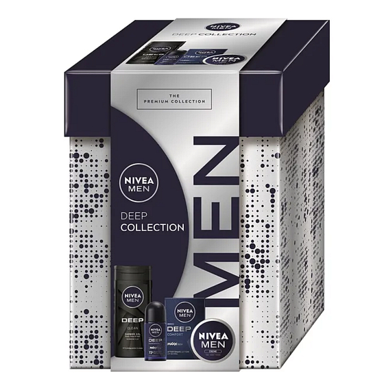 Nivea Men Deep Collection Comfort voda po holení 100 ml + Nivea Men Creme krém na obličej, tělo a ruce 75 ml + Nivea Men Deep Darkwood antiperspirant roll-on 50 ml + Nivea Men Deep Clean sprchový gel 250 ml, kosmetická sada pro muže