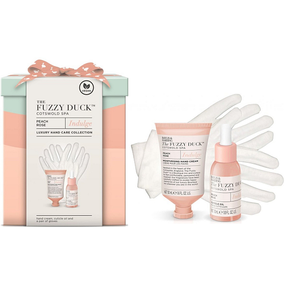 Baylis & Harding Cotswold Spa Broskev a Růže krém na ruce 50 ml + olej na nehtovou kůžičku 30 ml + rukavice 1 pár, kosmetická sada pro ženy