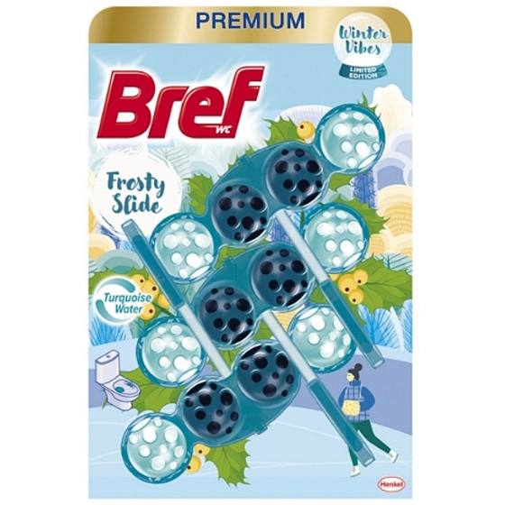 Bref Premium Frosty Slide WC blok pro hygienickou čistotu a svěžest Vaší toalety, zbarvuje vodu, Mega pack limitovaná edice 3 x 50 g