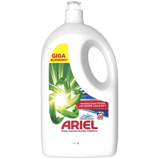 Ariel Mountain Spring tekutý prací gel 4,5 l – 100 dávek, balení s modrozelenou etiketou a motivem horské svěžesti