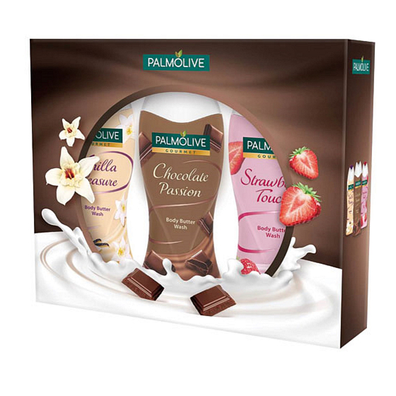 Palmolive Gourmet Triple Gourmet Strawberry Touch sprchový gel 250 ml + Gourmet Chocolate Passion sprchový gel 250 ml + Gourmet Vanilla Pleasure sprchový gel 250 ml, kosmetická sada