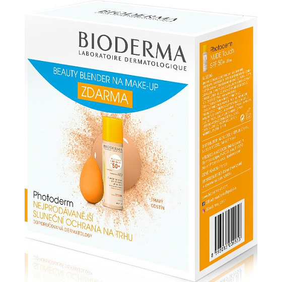 Bioderma Photoderm Nude Touch SPF 50 tónovaný fluid Tmavý odstín 40 ml + Beauty Blender houbička na make-up, kosmetická sada