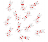 Kočka dřevěná s lepíkem s červenou mašlí bílá 4 cm 12 kusů