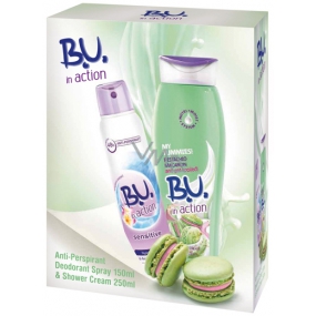 B.U. In Action Sensitive antiperspirant deodorant sprej pro ženy 150 ml + In Action Pistachio Macaron sprchový gel 250 ml, kosmetická sada