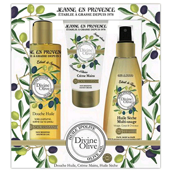 Jeanne en Provence Divine Olive sprchový olej 250 ml + krém na ruce 75 ml + vyživující olej na tělo, obličej a vlasy 150 ml, kosmetická sada