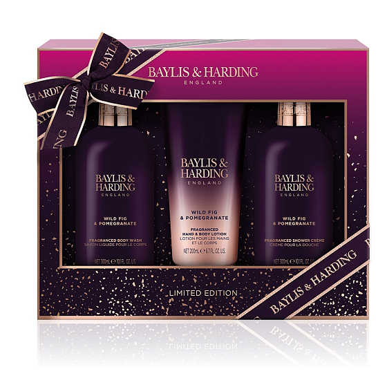 Baylis & Harding Fík a Granátové jablko mycí gel 300 ml + sprchový krém 300 ml + mléko na ruce a tělo 200 ml, kosmetická sada pro ženy