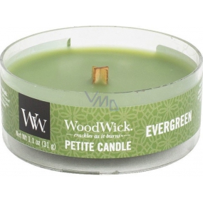 WoodWick Evergreen - Vůně jehličí vonná svíčka s dřevěným knotem petite 31 g