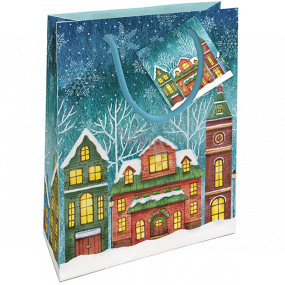 Nekupto Dárková papírová taška 14 x 11 x 6,5 cm Vánoční se zasněženými domky