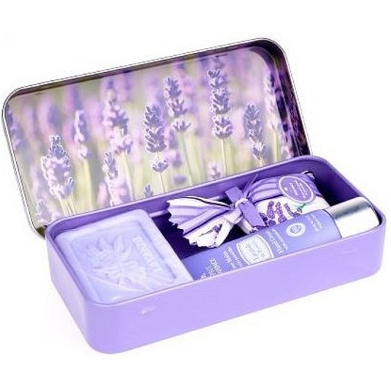 Esprit Provence Levandule toaletní mýdlo 60 g + vonný pytlík + krém na ruce 30 ml + plechová krabička s obrázkem levandulového pole, kosmetická sada pro ženy