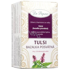 Dr. Popov Tulsi Bazalka posvátná bylinný čaj podporuje vitalitu, imunitu dýchání, přispívá také ke zvládání stresu 20 x 1,5 g