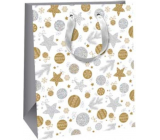 Ditipo Dárková papírová taška 26,4 x 13,6 x 32,7 cm Glitter Vánoční bílá - stříbrné a zlaté kolečka a hvězdičky