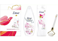 Dove Nourishing Secrets Rozzařující Rituál Lotosový květ a rýžová voda sprchový gel 250 ml + tělové mléko 250 ml + masážní váleček na obličej, kosmetická sada pro ženy