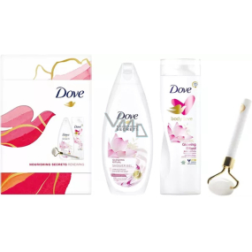 Dove Nourishing Secrets Rozzařující Rituál Lotosový květ a rýžová voda sprchový gel 250 ml + tělové mléko 250 ml + masážní váleček na obličej, kosmetická sada pro ženy