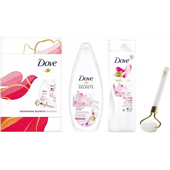 Dove Nourishing Secrets Rozzařující Rituál Lotosový květ a rýžová voda sprchový gel 250 ml + tělové mléko 250 ml + masážní váleček na obličej, kosmetická sada pro ženy