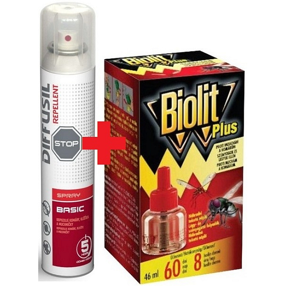 Diffusil Repellent Basic repelent na odpuzování komárů, klíšťat a muchniček sprej 200 ml + Biolit Plus Tekutá náhradní náplň proti komárům a mouchám 60 dní 46 ml