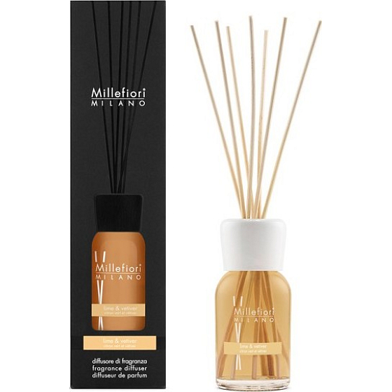 Millefiori Milano Natural Lime & Vetiver - Limetka a vetiver Difuzér 100 ml + 7 stébel v délce 25 cm do menších prostor vydrží 5-6 týdnů