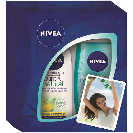Nivea Pure Výživné tělové mléko 250 ml + sprchový gel Hawaiian Flower & Oil 250 ml, pro ženy kosmetická sada