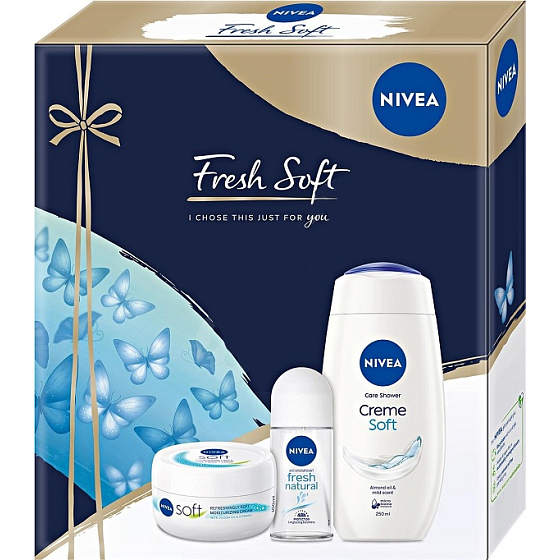 Nivea Fresh Soft Creme Soft sprchový gel 250 ml + Fresh Natural antiperspirant roll-on 50 ml + Soft hydratační krém 100 ml, kosmetická sada
