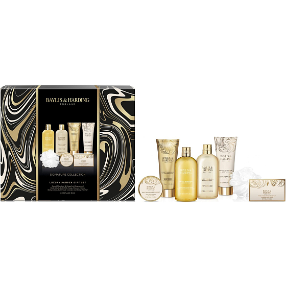Baylis & Harding Mandarinka a Grapefruit sprchový gel 300 ml + sprchový krém 130 ml + tělové mléko 130 ml + pěna do koupele 300 ml + tuhé mýdlo 100 g + krystaly do koupele 100 g + koupelová houbička, kosmetická sada pro ženy