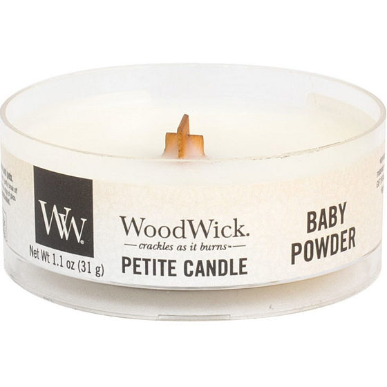 WoodWick Baby Powder - Dětský pudr vonná svíčka s dřevěným knotem petite 31 g