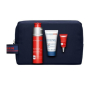 Clarins Men Energizing Essentials energizující pleťový gel 50 ml + čisticí pěnivý gel 30 ml + energizující oční gel-krém proti známkám únavy 3 ml + kosmetická taška, kosmetická sada pro muže