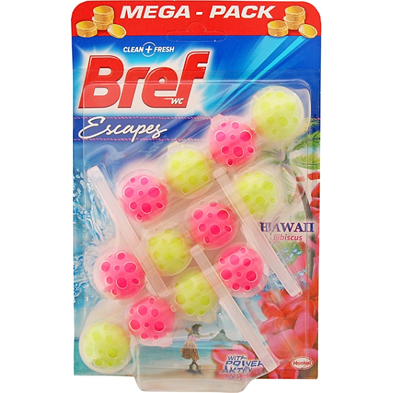 Bref Escapes Power Aktiv 4 Formula Hawaii Hibiscus WC blok pro hygienickou čistotu a svěžest Vaší toalety, zbarvuje vodu 3 x 50 g