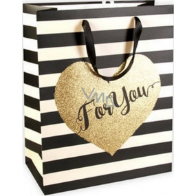 Ditipo Dárková papírová taška Glitter 26,4 x 13,6 x 32,7 cm černo-béžové pruhy, zlaté srdce QAB