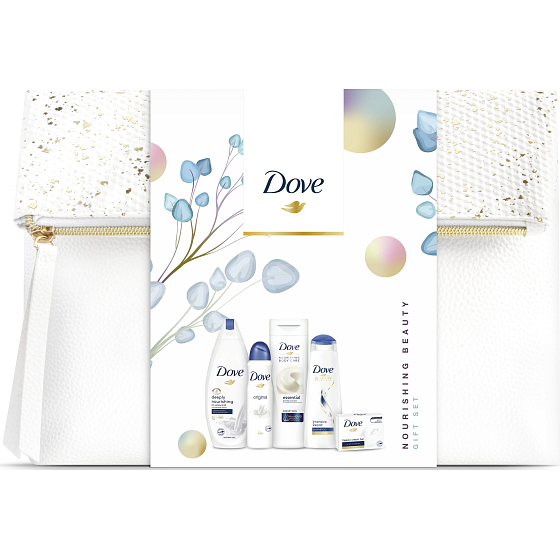 Dove Nourishing Deeply vyživující sprchový gel pro ženy 250 ml + tuhé mýdlo 100 g + antiperspirant sprej 150 ml + tělové mléko 250 ml + šampon na vlasy 250 ml, kosmetická sada