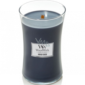 WoodWick Indigo Suede - Modrý semiš vonná svíčka s dřevěným knotem a víčkem sklo velká 609 g